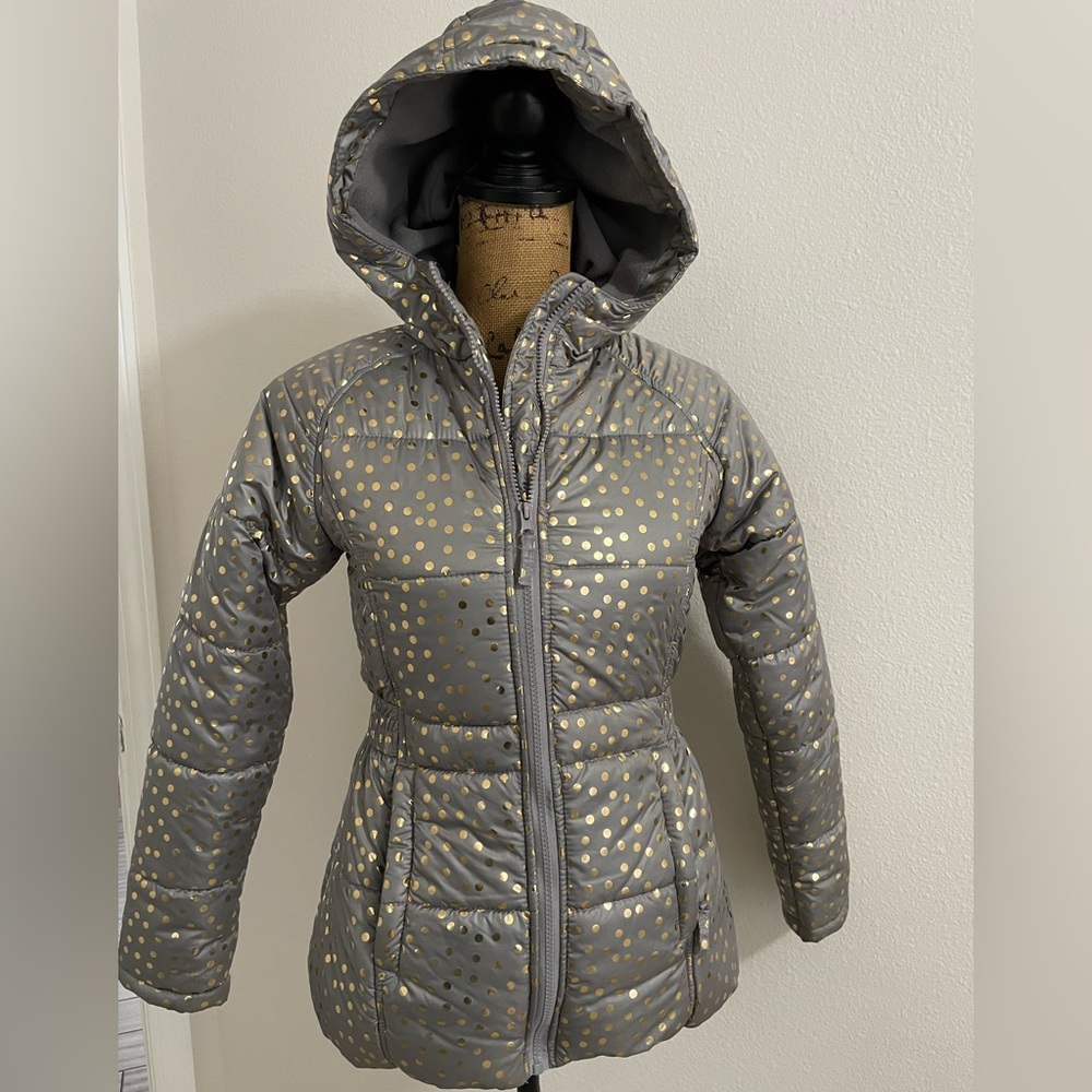 Roebuck & Co Girls Sz 14 Large Silver With Gold Polkadots Hooded Puffer Jacket